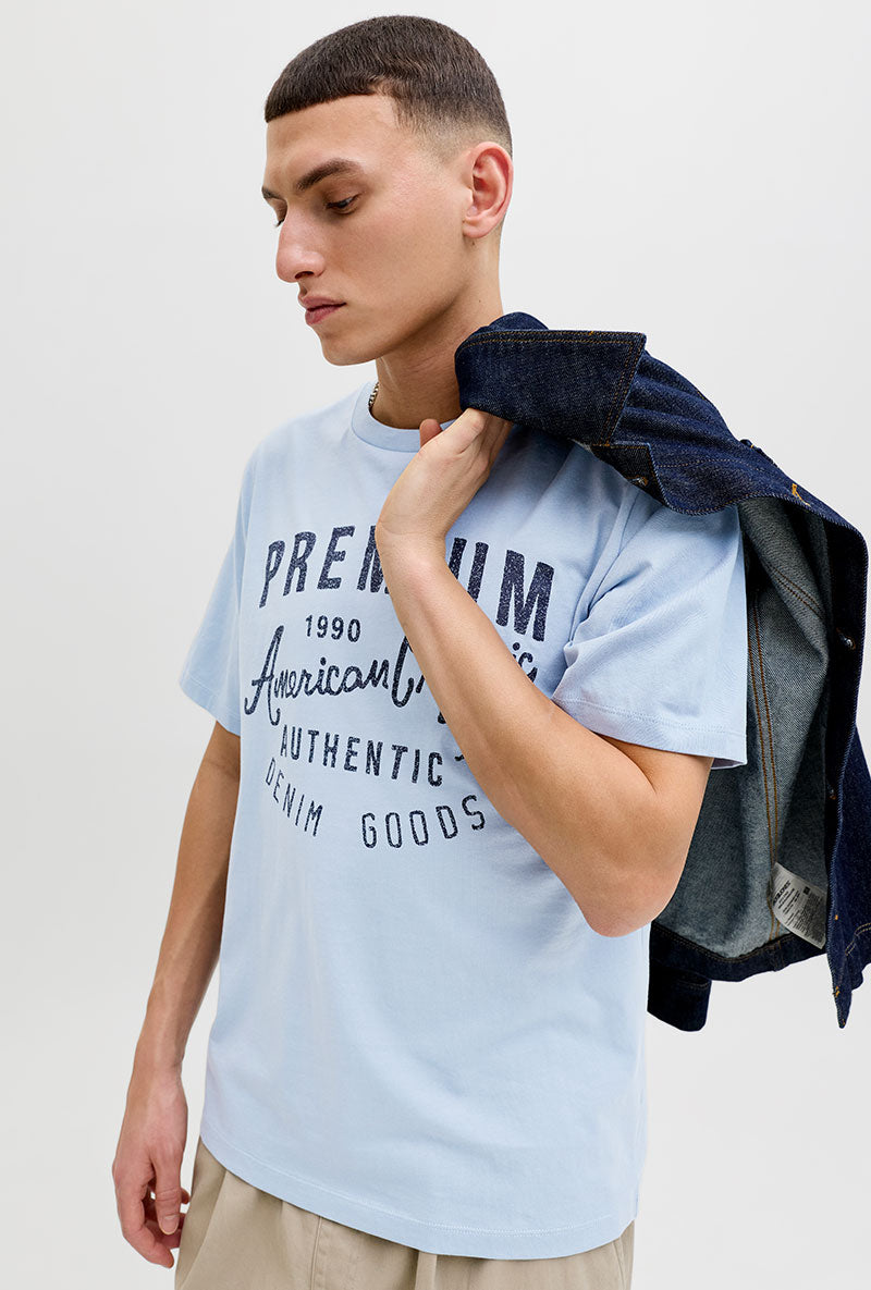Detail image of a model wearing Blu alex ss tee in light blue, by brand Jack&jones