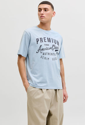 Front image of a model wearing Blu alex ss tee in light blue, by brand Jack&jones