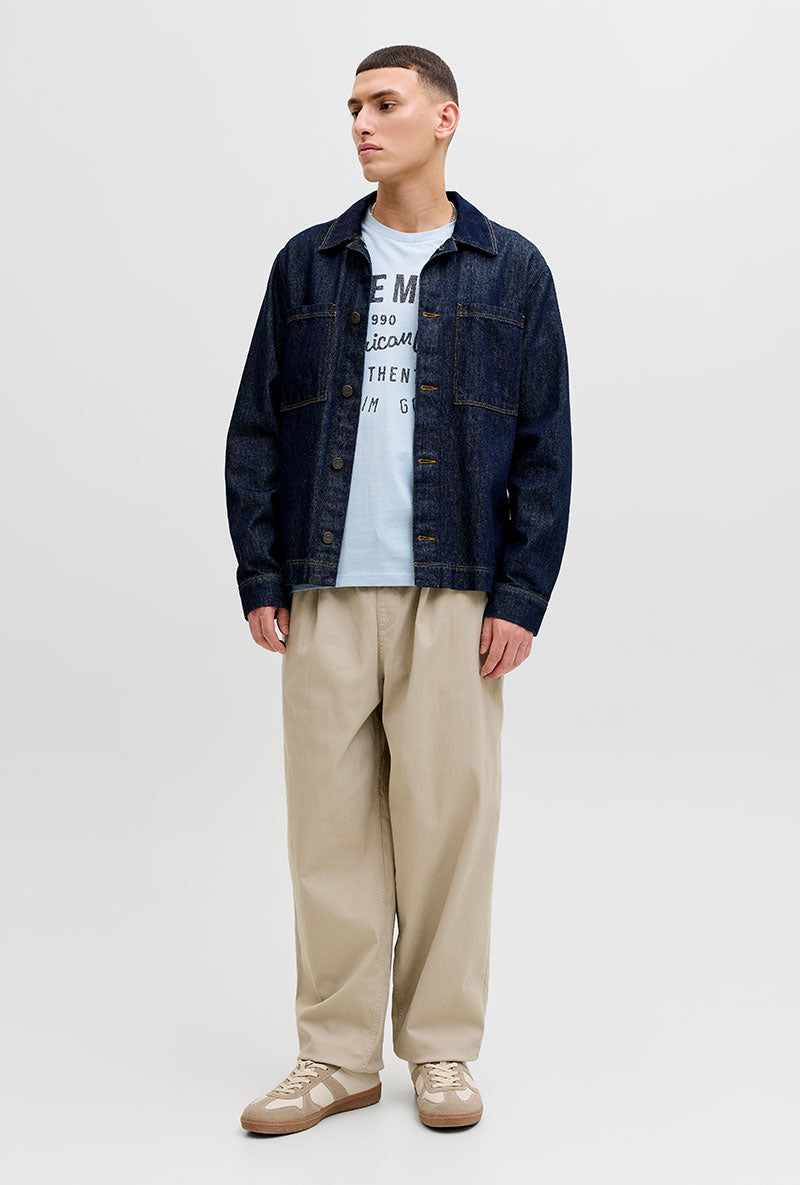 Front image of a model wearing Blu alex ss tee in light blue, by brand Jack&jones