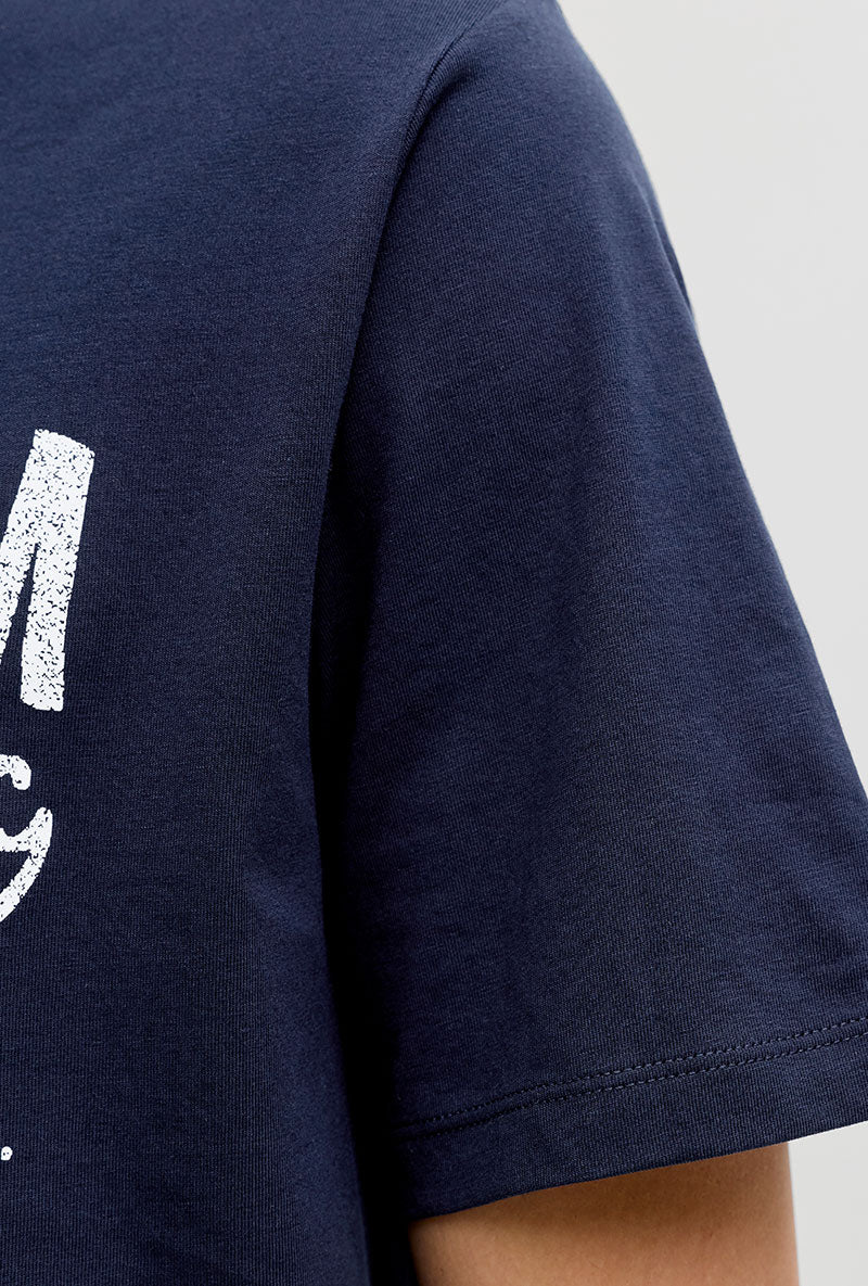 Sleeve detail image of Blu alex ss tee in navy, by brand Jack&jones