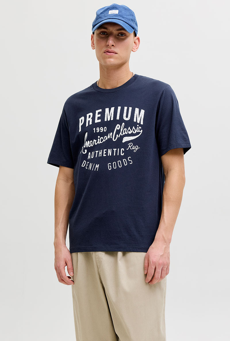 Front image of model wearing Blu alex ss tee in navy, by brand Jack&jones