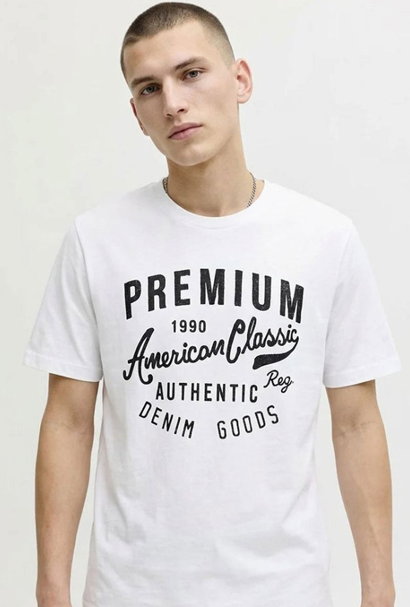 Front image of a model wearing Blu alex ss tee in white, by brand Jack&jones