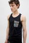Front image of a model wearing the Jack and jones hawaii pocket tanktop in black, by brand Jack&jones