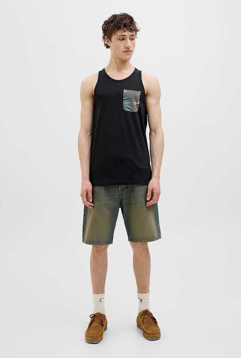 Front image of a model wearing Jack and jones hawaii pocket tanktop in black, by brand Jack&jones