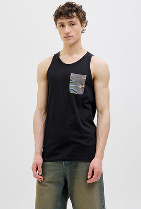 Front image of a model wearing Jack and jones hawaii pocket tanktop in black, by brand Jack&jones