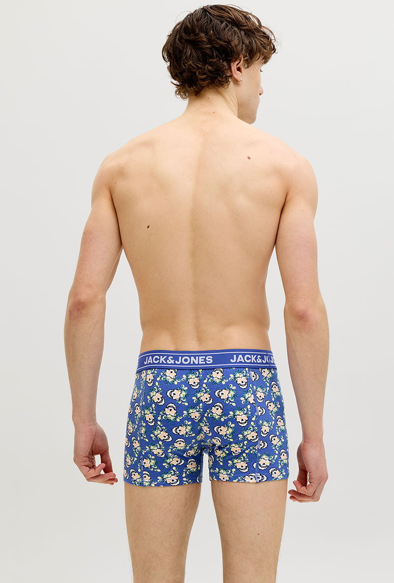 Back image of a model wearing Kingston skull 3pk trunks in multi, by brand Jack&jones