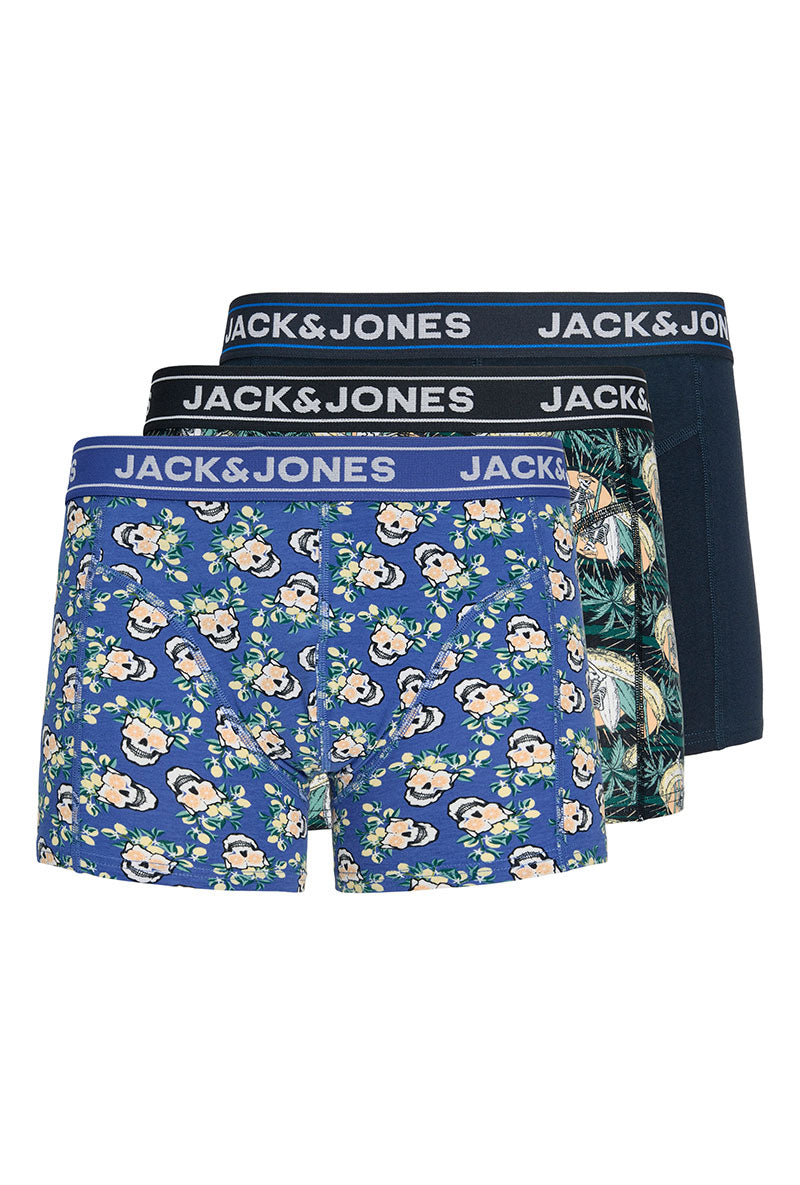 Front image of Kingston skull 3pk trunks in multi, by brand Jack&jones