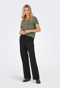 Front image of a model wearing the Jdy sissy s/s vneck top in khaki, by brand Jacqueline de yong