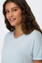 Detail image of a model wearing the Jdy sissy s/s vneck top in light blue, by brand Jacqueline de yong