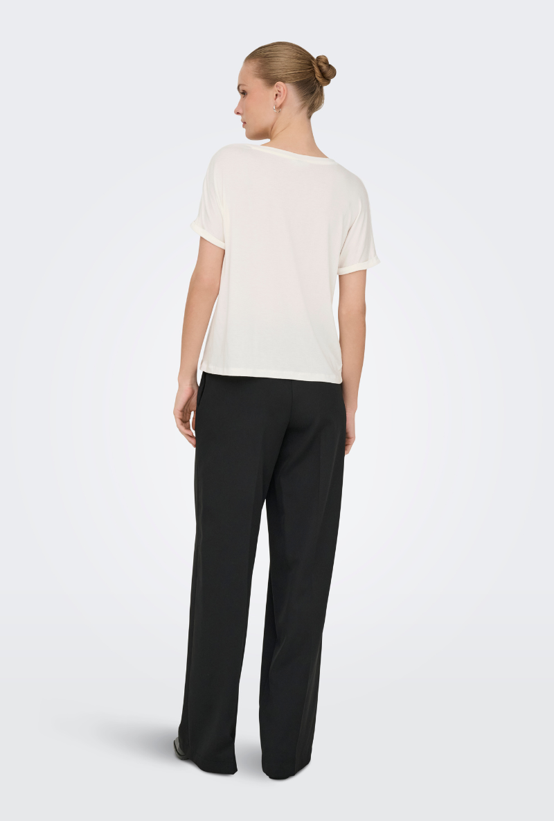 Back image of a model wearing Jdy sissy s/s vneck top in off white, by brand Jacqueline de yong