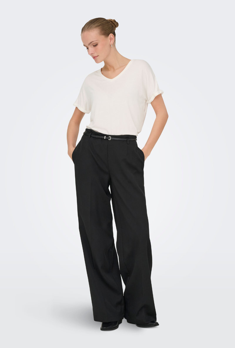 Front image of a model wearing Jdy sissy s/s vneck top in off white, by brand Jacqueline de yong