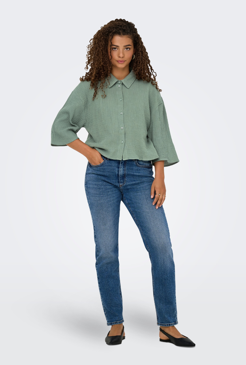 Front image of a model wearing Jdy theis life 3/4 crop shirt in sage, by brand Jacqueline de yong