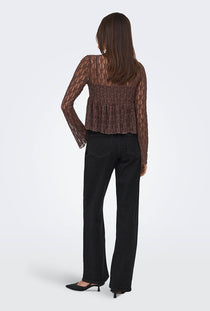 Back image of a model wearing the Laya lace cardigan in brown, by brand Only