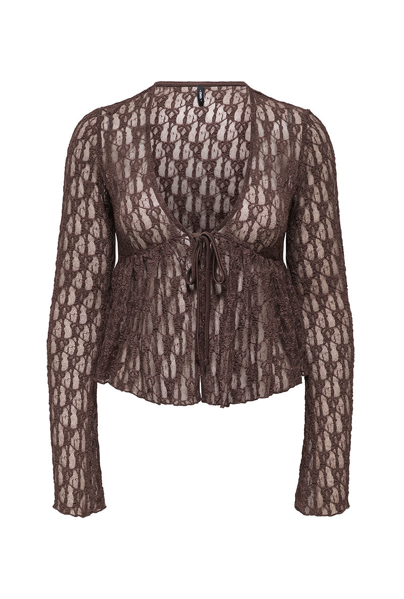 Front image of Laya lace cardigan in brown, by brand Only