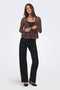 Front image of a model wearing the Laya lace cardigan in brown, by brand Only
