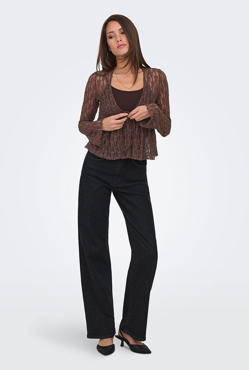 Front image of a model wearing Laya lace cardigan in brown, by brand Only