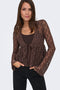Front image of a model wearing the Laya lace cardigan in brown, by brand Only