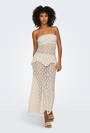 Front image of a model wearing Laya lace long skirt in cream, by brand Only
