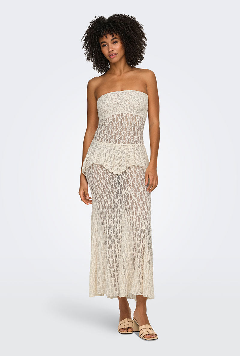 Front image of a model wearing Laya lace long skirt in cream, by brand Only