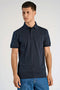 Front image of a model wearing Needle drop s/s polo in navy, by brand Lindbergh