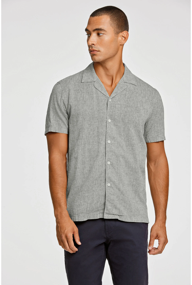 Front image of a model wearing Casual linen blend resort shirt in khaki, by brand Lindbergh
