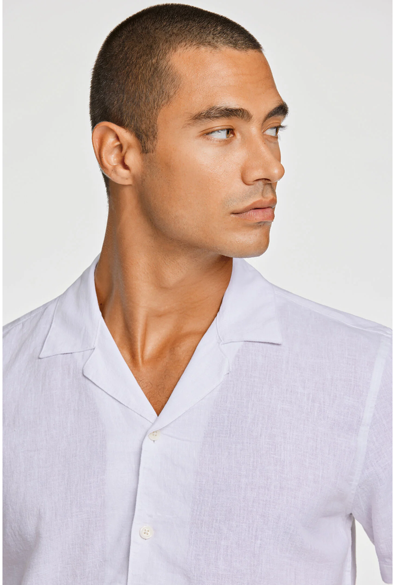 Front image of a model wearing Casual linen blend resort shirt in white, by brand Lindbergh
