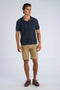 Front image of a model wearing the Crochet s/s shirt in navy, by brand Lindbergh