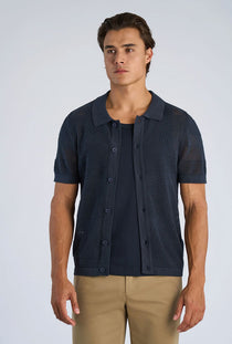 Front image of a model wearing the Crochet s/s shirt in navy, by brand Lindbergh