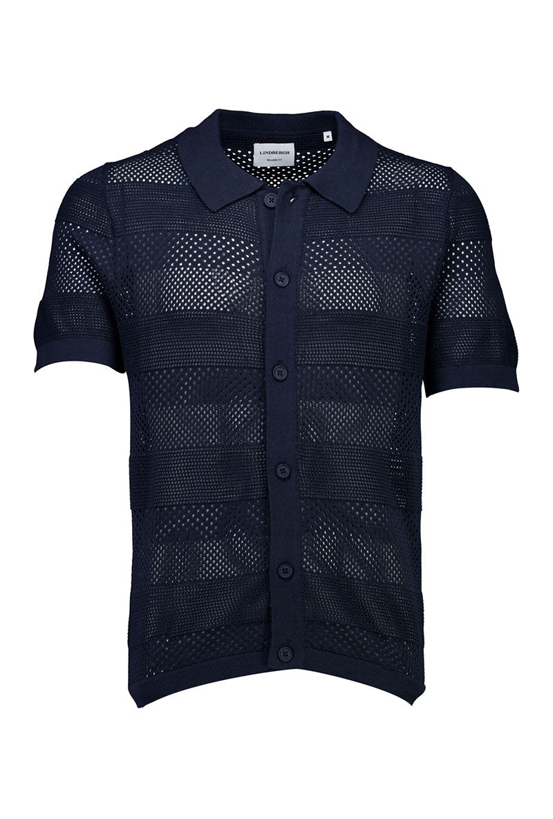 Front image of Crochet s/s shirt in navy, by brand Lindbergh