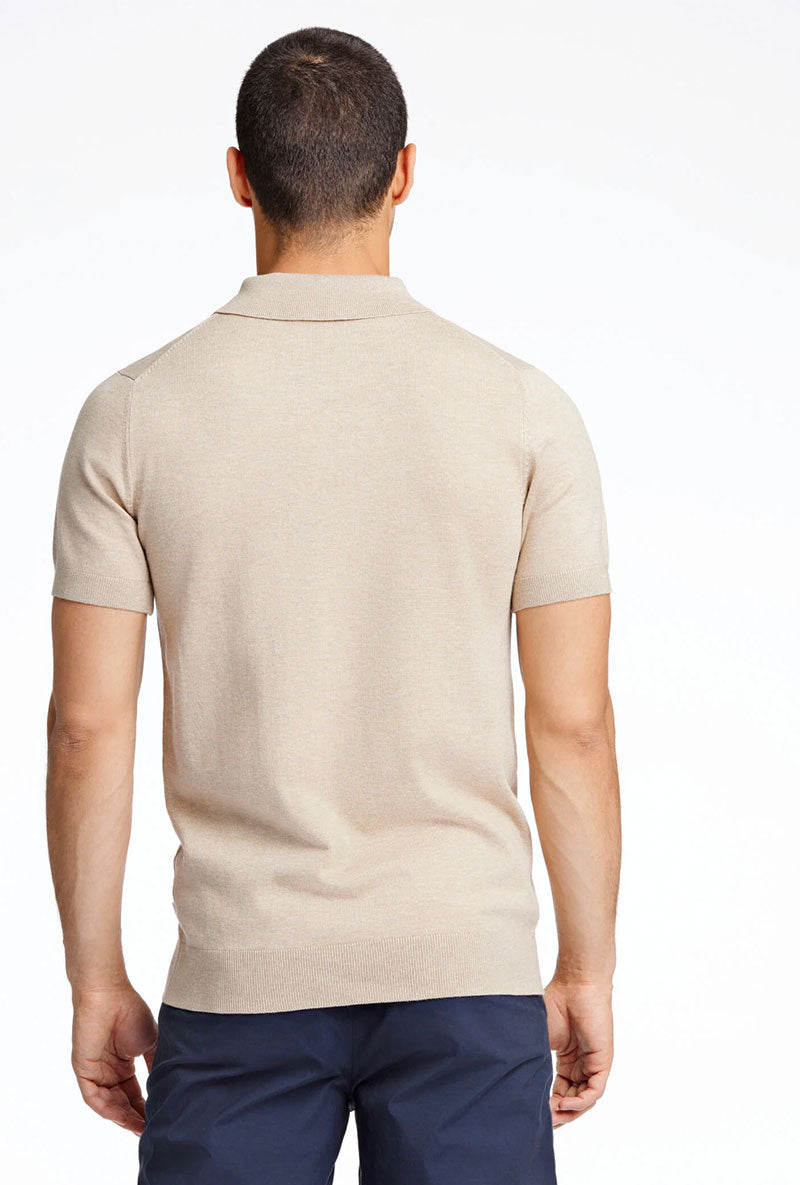 Back image of a model wearing Ecovero s/s knit polo in sand, by brand Lindbergh