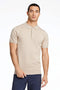 Front image of a model wearing Ecovero s/s knit polo in sand, by brand Lindbergh