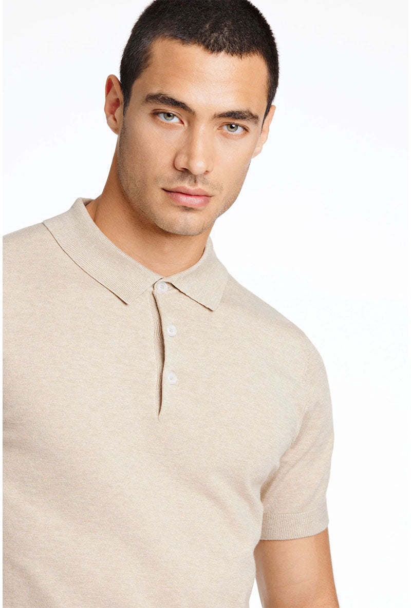 Front image of a model wearing Ecovero s/s knit polo in sand, by brand Lindbergh
