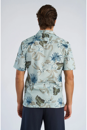 Back image of a model wearing the Floral lyocell blend shirt in aqua, by brand Lindbergh