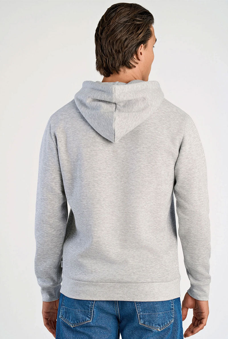 Back image of a model wearing Lindbergh hoodie in grey, by brand Lindbergh
