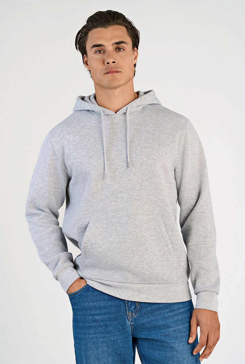 Front image of a model wearing Lindbergh hoodie in grey, by brand Lindbergh