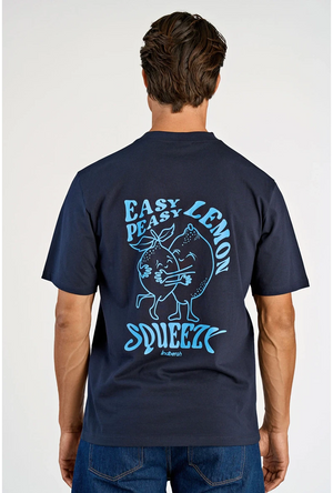 Back image of a model wearing the Lemon squeezy oversize t in navy, by brand Lindbergh