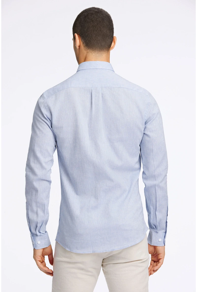 Back image of a model wearing Linen/cotton ls shirt in blue, by brand Lindbergh