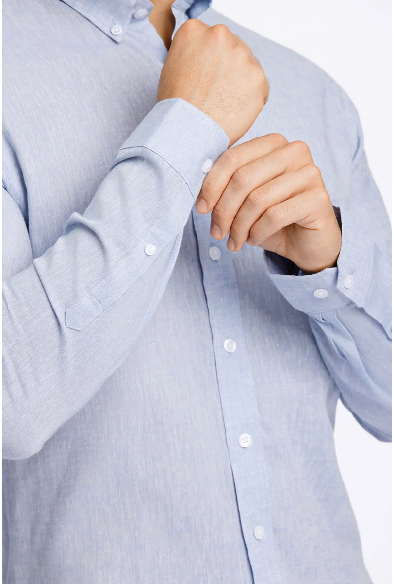 Front detail image of a model wearing Linen/cotton ls shirt in blue, by brand Lindbergh