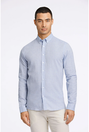 Front image of a model wearing Linen/cotton ls shirt in blue, by brand Lindbergh