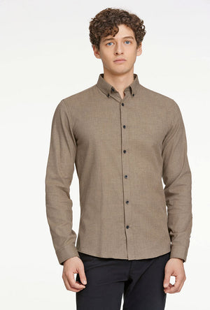 Front image of a model wearing the Lindbergh mouline stretch l/s shirt in brown, by brand Lindbergh