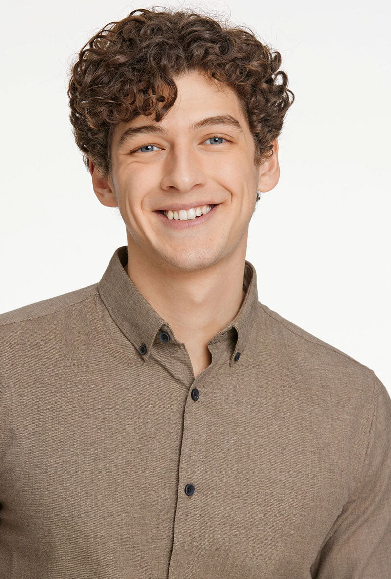 Front detail image of a model wearing Lindbergh mouline stretch l/s shirt in brown, by brand Lindbergh