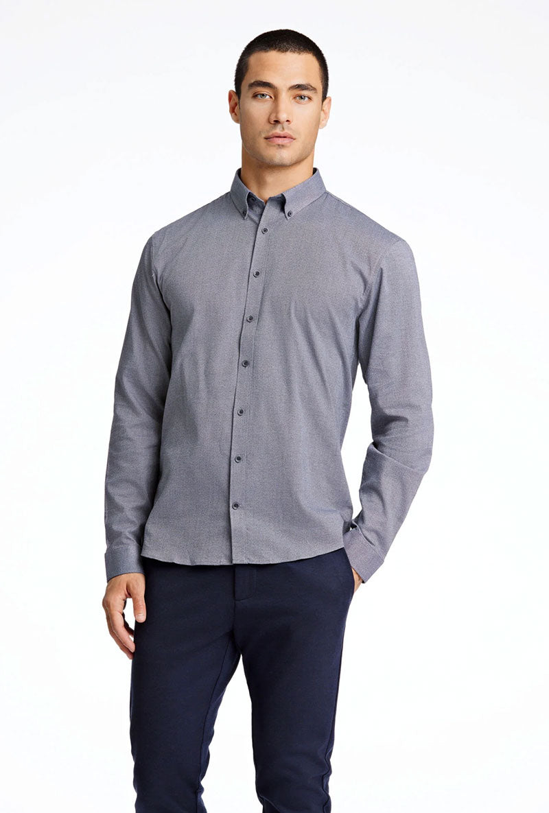 Front image of a model wearing Lindbergh mouline stretch l/s shirt in black, by brand Lindbergh