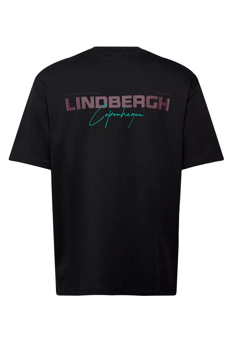 Back image of O neck logo oversized tshirt in black, by brand Lindbergh