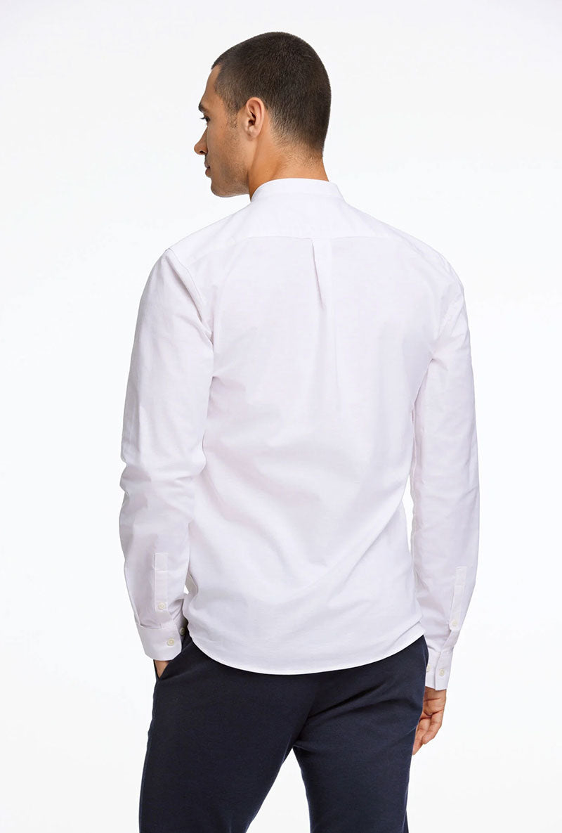 Back image of a model wearing Lindbergh oxford superflex l/s shirt in white, by brand Lindbergh