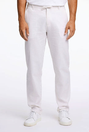 Front image of a model wearing Relaxed fit linen trousers in white, by brand Lindbergh