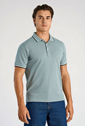 Front image of a model wearing S/s contrast polo in aqua, by brand Lindbergh