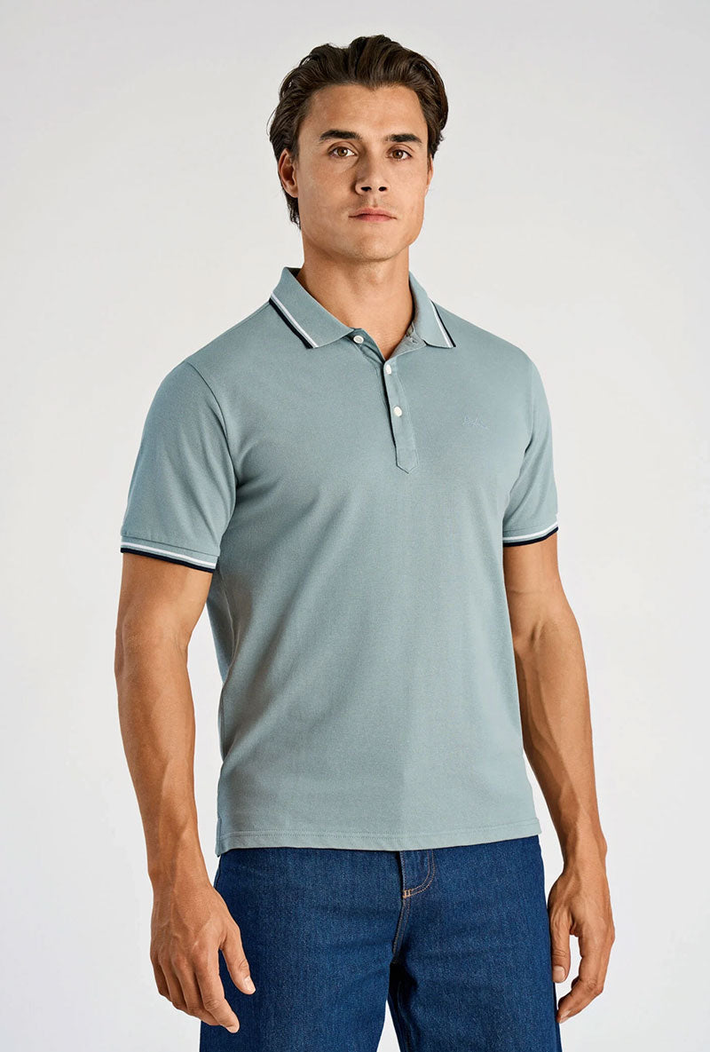 Front image of a model wearing S/s contrast polo in aqua, by brand Lindbergh