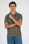 Front image of a model wearing S/s contrast polo in khaki, by brand Lindbergh