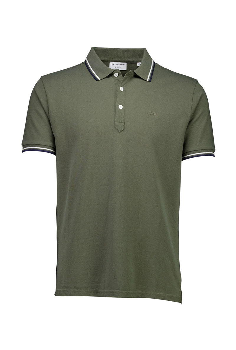 Front image of S/s contrast polo in khaki, by brand Lindbergh
