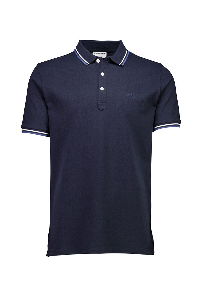 Front image of S/s contrast polo in navy, by brand Lindbergh